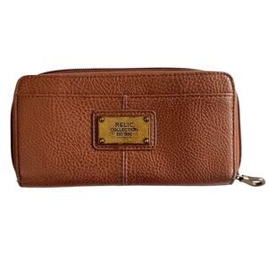 Relic Collection Genuine Pebble Leather ZIP Around Accordion Wallet Cognac Brown